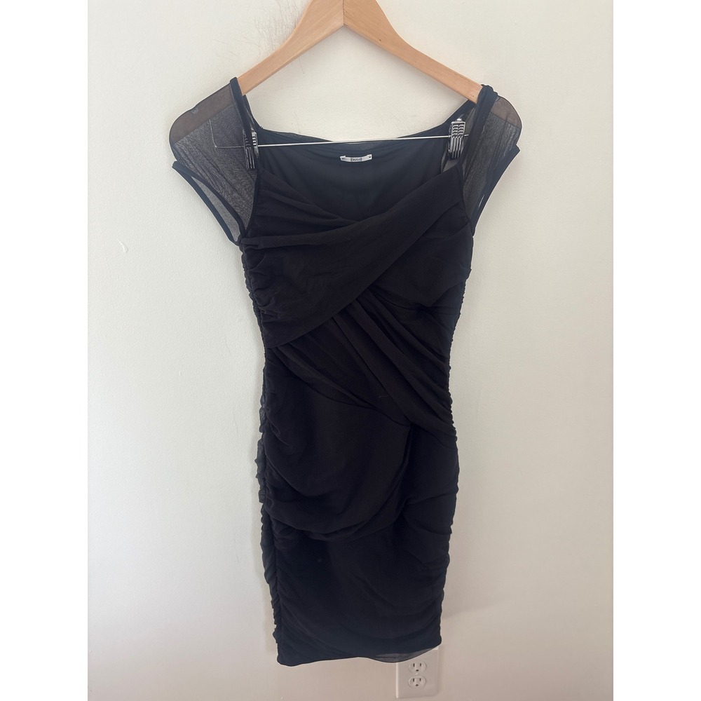 Wolford Black Fatal Drape Dress Ruched Sheer Cap Sleeve Bodycon Mini Small
